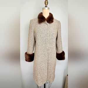 Via Spiga Wool Blend Tweed Coat Rex Rabbit Fur Trim Size 10